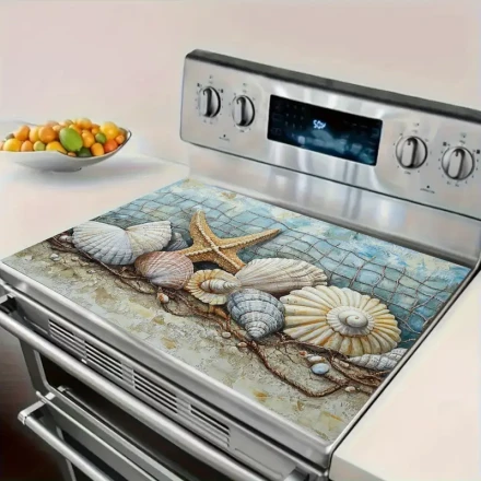Beach and Sand Shell Design Rubber Stove Top Protector - Integrated Cooktop Decorative Trim Kit, Non-Slip, Heat Resistant, Easy Installation, Enhances Home Decor
