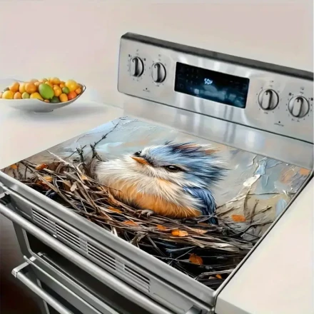 1pc Nature-Inspired Bird Design Gas Stove Burner Cover - High Temperature Resistant, Scratch-Proof, Easy to Clean, Polyester Material, Adds Charming Wildlife Touch to Your Kitchen, Scratch Prevention | Charming Kitchen Accessory | Durable Stove Cover