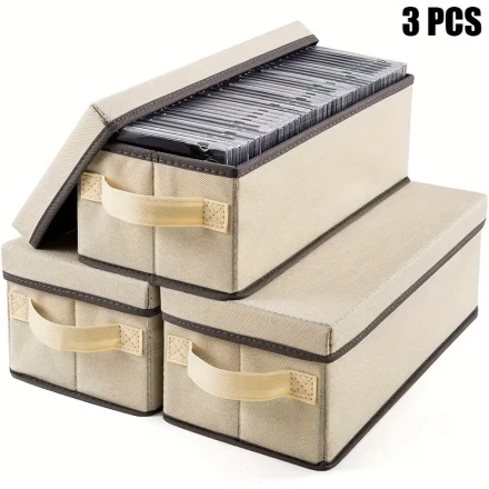 3pcs Large Capacity CD/DVD Storage Boxes with Lids & Handles - Holds 165 Discs, Durable Polyester, Foldable Design for Home, Office, Car - Brown & Beige