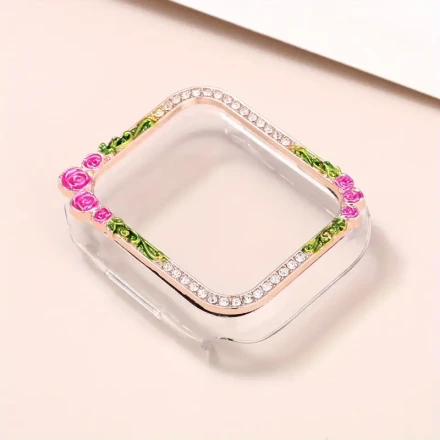 A Protective Case for Apple Watch Featuring a Single Row of Diamond Flower Design, Compatible with Iwatch Models 5, 6, 7, 8, And SE, Perfect for Valentine'S Day Gifts.