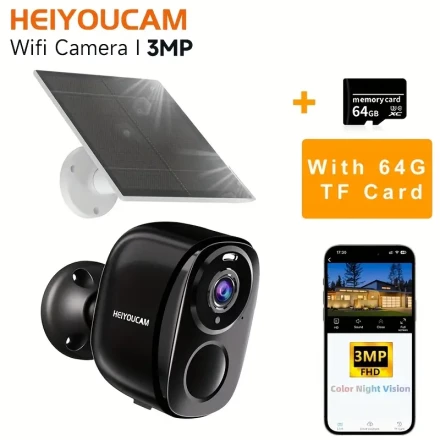 (64G TF Card Included) HEIYOUCAM 3MP Solar Camera Security Outdoor with Spotlight & Siren, AI Detection Wireless Cameras for Home/Outdoor Security, Solar Panel Supply and Rechargeable Battery, built-in 5000mAh Battery keep working for 365 days, 3MP Color 