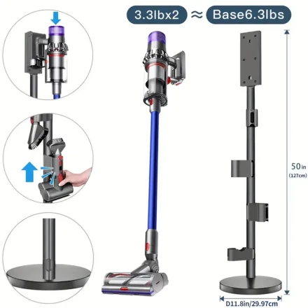 Heavy-Duty Vacuum Stand for Dyson V15 Detect, V12, V11, V10, V8, V7 - Sturdy Aluminum Tube Storage Holder with 2.81 KG Steel Base, 3 Accessory Clips for Up to 9 Attachments & Charger, Trigger Lock, Adjustable Height up to 127.0 cm, for Dyson Vacuum Cleane