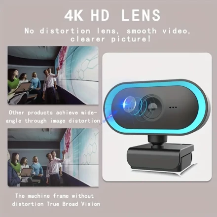 4K Ultra HD Webcam with Built-in Microphone and Tripod Stand, USB Plug and Play, 360° Rotatable, Macro Lens, Fixed Focus, Real-Time Streaming, 3 Adjustable Fill Lights for Desktop/Laptop/PC/Mac