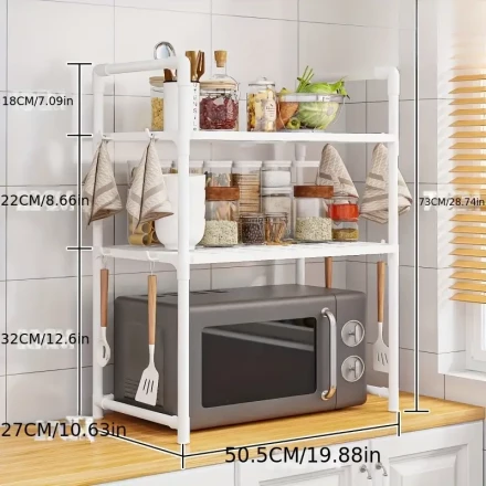 1pc Glossy Finish Square TPU Kitchen Organizer Rack with Hooks, Wide Thickened Microwave Oven Stand, Spice Storage Shelf for Toaster Bread Machine