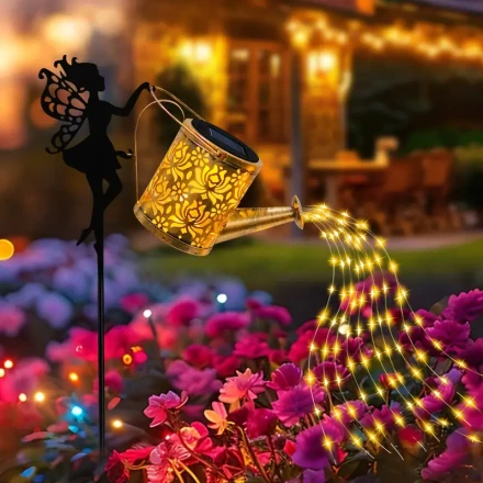 Solar Powered LED Garden Lights - 1 Pc Decorative Retro Metal Fairy Watering Can Solar Lantern with String Lights, Outdoor Flush Mount Solar Light Fixture for Yard Pathway Table Courtyard Gift, Angel with Butterfly Carving Design, Solar Battery, Non-Remov