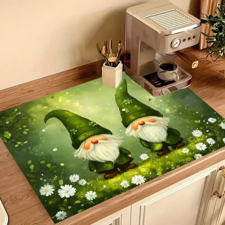 1pc Green Elf Dwarf Pattern Stove Cover Mat - Vibrant Polyester Anti-Slip Kitchen Protector, Whimsical Gnome Design with Daisy Flowers, Perfect for Home Decor and Functional Use, Stove Top Protectors