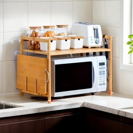 Bamboo Microwave Stand with Spice Rack - Polished Finish, Multi-Purpose Kitchen Organizer for Oven & Seasonings Storage