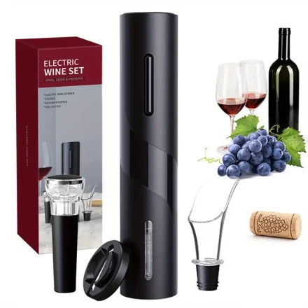 Electric Wine Opener 4In1 Battery Operated Electric Corkscrew with Foil Cutter+Vacuum Stopper+Pourer Set for Home Party Wedding Wine Lovers Gifts