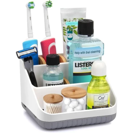 High-Quality Bamboo 6-Slot Toothbrush Holder for Countertop - White & Gray, Multi-Functional Organizer with Toothpaste & Cleaning Supplies Storage, Ideal for Family Bathroom Vanity Organization