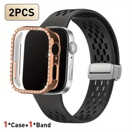 2pcs, Suitable for Huawei Fit 3 Magnetic Buckle Silicone Strap, Breathable Mesh Watch Band for Huawei Watch Fit 3 with Holes + Single Row Diamond Case for Fit 3 Hollow Protection Cover.