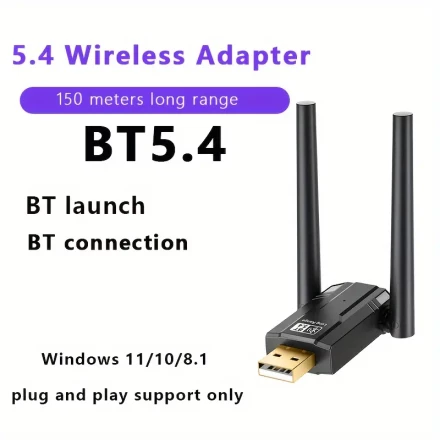 USB BT5.4 Dual Antenna Ultra Long Distance Network Adapter, USB Dongle Ultra Long Distance Receiver, Suitable for Computer/Headphone/Keyboard and other BT devices, only supports Windows 11/10/8.1 plug and play, supports up to 7 BT devices can be connected