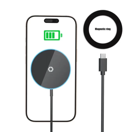 A Portable And Compact Magnetic Wireless Charger for Iphone Models 16, 15, 14, 13, 12, And Pro Max Mini, Featuring a Blue Ambient Light, Ideal for Home Use And Travel, Making It a Great Gift Option.