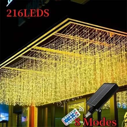 AMill Solar-Powered 216 LED Curtain Lights - 5.0meter x 59.99cm with Remote, 8 Modes,, Perfect for Outdoor Decorations like Patio, Balcony, Birthday, Christmas & Wedding, Smart, Festival Atmosphere, Hanging