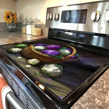 1pc Purple Cabbage And Cauliflower Polyester Stove Cover Mat, Anti Slip Stove And Desktop Protective Cover, Vibrant Kitchen Accessories, Home Decoration