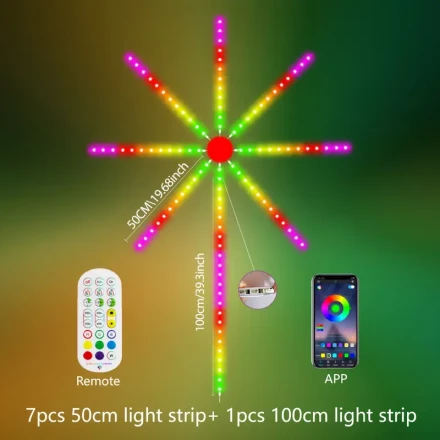 RGB LED Fireworks Light with Music Sync - Vibrant 5050 Multi-Color Beads, Smart App & Remote Control, USB Powered for Festive Home Decor, Parties & Christmas (Remote Battery Not Included)