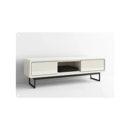 1pc Minimalist White TV Stand, Modern Aluminum Entertainment Center with Sturdy Metal Legs, New Art Style Print, Sleek Storage Solution for Living Room Decor
