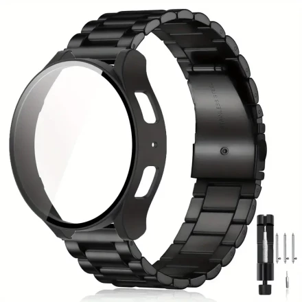 Stainless Steel Watch Band And Protective Case For Samsung Galaxy Watch 7 FE 6 5 4 (44mm/40mm) Replacement Stainless Steel Watch Strap Scratch-Resistant Protective Tempered Glass Case Combo, Ideal Gift For Couples