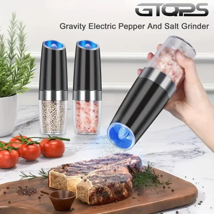 2 Pack, Gravity Electric Pepper and Salt Grinder Suit, Adjustable Coarseness, Battery-Powered, with LED Lights, One-Hand Automatic Operation, Large Capacity, Washable, Black, Perfect for Valentine'S Day gifts.