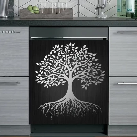 Vintage Black & White Tree of Life Magnetic Dishwasher Cover - Reusable PVC Decorative Sticker for Fridge, Washer, and Cabinet Decor with Intricate Branch Design