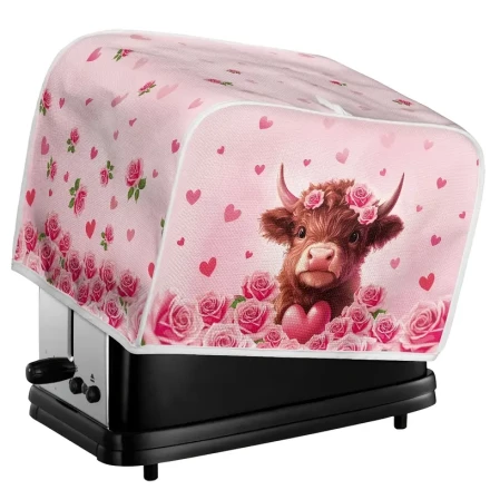 1pc Highland Cow & Rose Polyester Toaster Cover, Dustproof & Fingerprint Resistant, Kitchen Appliance Protector, Valentine'S Day Decor - No Battery Required
