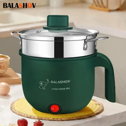BALASHOV Electric Hot Pot, 1-3 Person Portable Mini Fondue Cooker, Multifunctional Non-Stick Skillet with Steamer, 220-240V European Standard Plug, for Stir Fry/Stew/Steam, Ideal for Ramen, Soup, Oatmeal