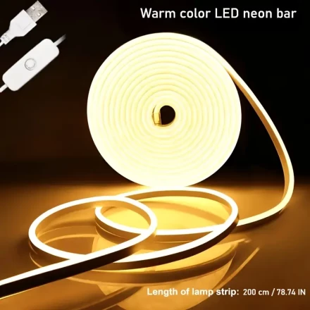 1pc, USB Powered Warm White LED Neon Strip Light, 200cm Flexible Button-Controlled Lighting for Bedroom, Kitchen, Bathroom, Cabinet, Vanity, Balcony, Anniversary Space Theme Decor, ≤36V, No Battery or Remote Required