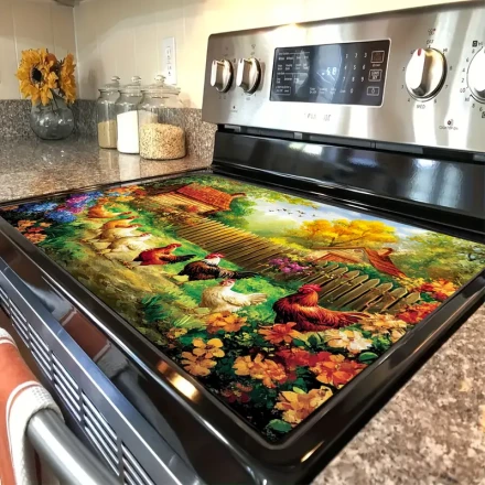 1pc Garden Chicken Pattern Stove Cover Mat - Vibrant Polyester Anti-Slip Kitchen Protector, Colorful Countertop Decoration with Rustic Scenery Design, Perfect for Home Decor and Functional Use, Stove Top Protectors