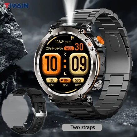 1pc Tiwain Men'S Smart Watch with 4.32cm IPS Screen,, USB Charging, 36V Max Voltage, Wireless 5.0, Alloy Body, Stainless Steel Band, LED Light, Music & Photo Control, Weather Remote, Rechargeable 600mAh Battery, Compatible with iPhone & Android