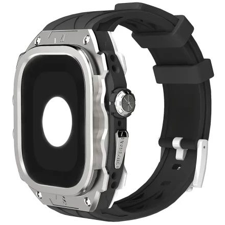 Heavy Duty Rugged Metal Case for Apple Watch Ultra 49mm - BerSzero, Black Zinc Alloy with Red Accents, Adjustable Silicone Strap, Full Protection Cover with Precise Cutouts