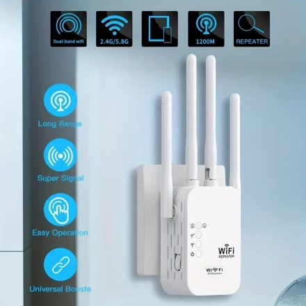 High-Speed Wifi Extender - Up to 1200Mbps, Dual Network Ports, Wide Coverage, Strong Wall Penetration Capability, 6 Antennas to Enhance Signal Reception, Ideal for Large Apartments And Multi-Story Buildings, No Batteries Required, Wifi Extender.
