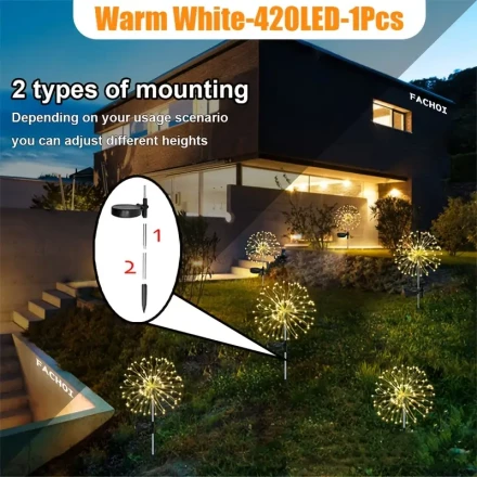 FACHOI 420LED Solar Firework Lights, 8 Modes, - Vibrant Multi-Color Outdoor Garden, Patio, Walkway Decor with Solar-Powered Nickel Battery, Warm White LED, 60LED per Light