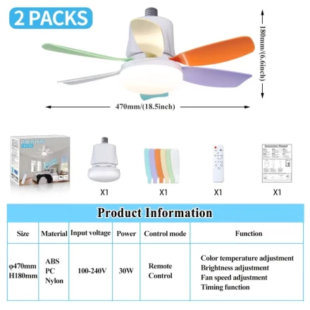 2pcs Socket Fan Light, Screw Ceiling Fans With Lights And Remote, E26/E27 Base Easy Install Ceiling Fan, 3 Speed Wind Adjustment, 3 Colors 3000-6500k Dimmable Smart Led Light for Bedroom, Kitchen, Living Room, Storage Room, Closet, Bathroom