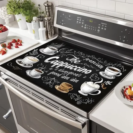 Integrated Stovetop Replacement Decor Kit 1pc Durable Polyester Coffee Pattern Gas Stove Cooktop Protector - Heat & Scratch Resistant, Easy to Clean - Coffee Cup & Cappuccino Artwork for Stylish Kitchens, Stove Top Protectors