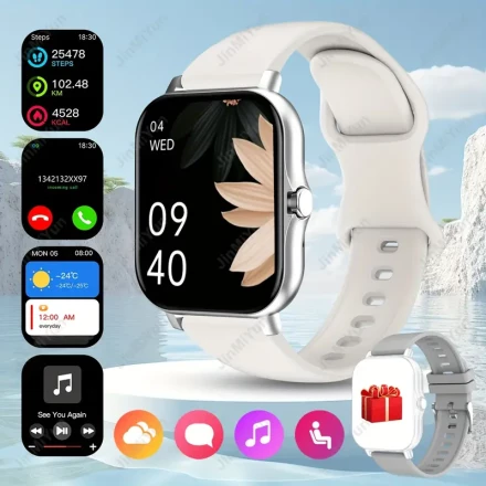4.65cm Full-Screen Touch Sports Smartwatch - Pink, Wireless 5.0, Wireless Calls/Text Notifications/Music Playback/Fitness Tracker with Silicone Band, for Android & for iPhone - USB Rechargeable, Smart Watch for Android Phones