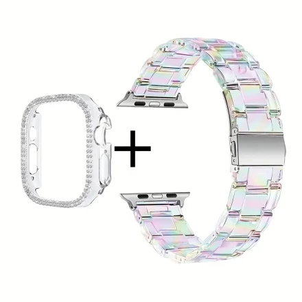 2-Pack Resin & Stainless Steel Apple Watch Strap with Transparent Case, Adjustable Jewelry Crystal Diamond Band, Compatible with Apple Watch Series 1-10, Ultra, SE, S3-S10, 38mm-49mm, No Battery