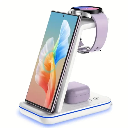 Multifunctional 3-in-1 Wireless Charger Stand Charging Dock For Samsung S24Ultra/S23+/S22/S21/S20/Z Flip3/4/5/6/Fold6/5/4/3/W24/23/22 Series Phones, For Galaxy Watch 4/5Pro/6 Classic/7 Ultra For Galaxy Buds 3 2 Pro Series