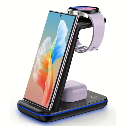 Multifunctional 3-in-1 Wireless Charger Stand Charging Dock For Samsung S24Ultra/S23+/S22/S21/S20/Z Flip3/4/5/6/Fold6/5/4/3/W24/23/22 Series Phones, For Galaxy Watch 4/5Pro/6 Classic/7 Ultra For Galaxy Buds 3 2 Pro Series