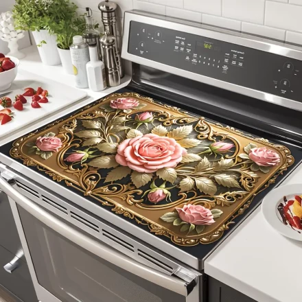 1pc Luxury Embossed Rose Pattern Anti-Slip Stove Cover, 71.88 x 52.07 cm, Heat-Resistant & Scratch-Resistant Synthetic Material, Elegant Pink Rose Design with Golden Foliage, Perfect for Flat Top Ovens, Machines, Dryers - Multifunctional Kitchen Decoratio