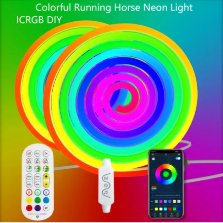KESHU Smart Running Horse Neon LED Magic Color Atmosphere Light, RGB Multi-Color with Built-in Microphone, USB Powered, ≤36V, Wireless, App & Remote Control, Flexible Silicone Material, Music Sync Flowing Lights for Living Room, Bedroom, Parties, Festival