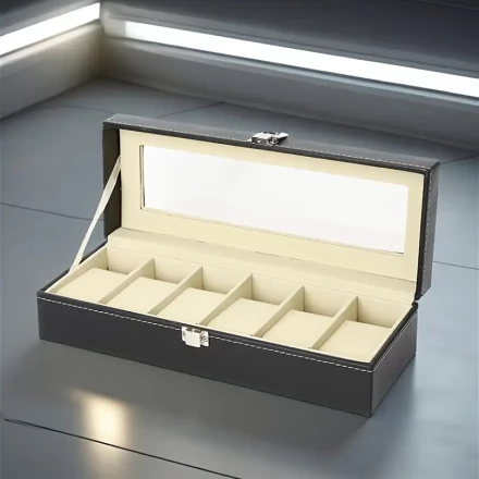 A Square Watch Display Case with a Suede Lining, a PU Flip Cover, a Black Six-Slot Watch Storage Box for Collection And Display - Interior Color Varies Randomly.