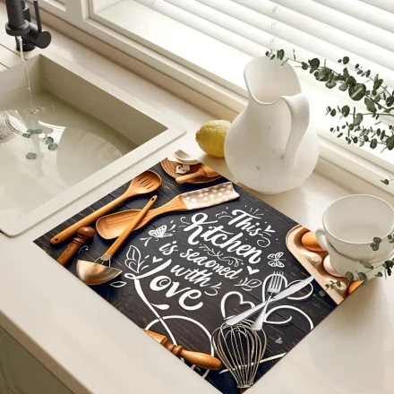 This Kitchen is Seasoned with Love Non-Slip Stove Cover - 71.88 x 52.07 cm, Heat-Resistant & Scratch-Resistant, Rustic Wooden Design with Cooking Utensils, Perfect for Electric Glass Stoves, Multi-Purpose Flat Top Oven Cover, Washer Dryer Mat, and Home Ki