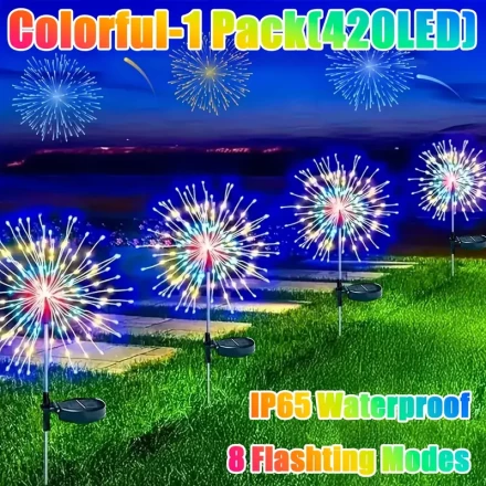 Aipusi 1pc Solar Firework Lights, Smart 8 Modes Lighting Solar Garden Decorative Lights with 90/ 200/ 420LED Sparkler Lights for Outdoor Landscape Light Patio Patio Party Festival Decor
