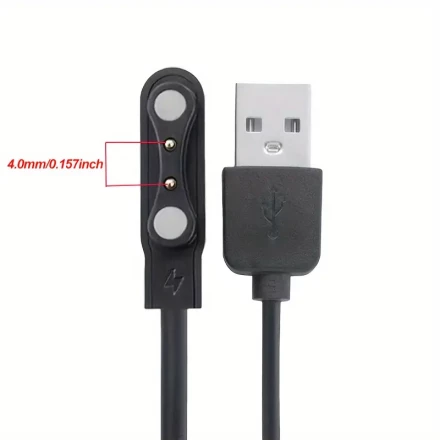 Magnetic USB Charging Cable for Smart Watches - 2-Pin Design, Flat Black Cable with Adapter, Compatible with 4.0mm Devices, Ideal for Travel & Business Use, Watch Charger for Smart Watch
