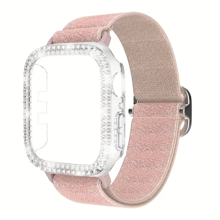 Stylish Bling Case And Stretchy Nylon Loop Watch Strap For Apple Watch Series 10 Ultra 9 8 SE 7 6 5 4 3 2 1 Adjustable Elastic Girl Watch Band Wristband And Rhinestone Case For IWatch 38mm 40mm 41mm 42mm 44mm 45mm 46mm 49mm Breathable Watch Strap - Ideal 