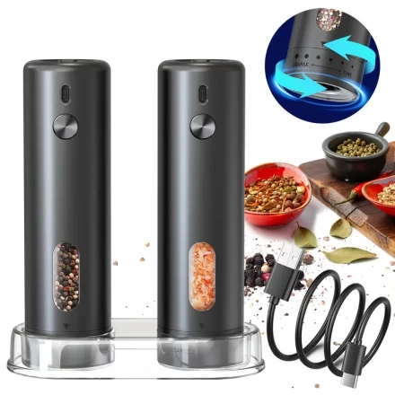 2 Rechargeable Electric Salt and Pepper Grinders, Automatic Pepper Grinder with 110ml Container, 6-Level Adjustable Settings, One-Hand Operation, with Base, SIGBOT