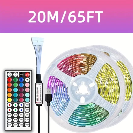 1pc 5m/15m/20m (16ft/50ft/65ft) Vibrant RGB LED Strip Lights For Bedroom, Smart Multi-Color USB TV Backlight Kit With 44-Key Remote, Adjustable Color And Brightness, Flicker Mode, Perfect For Gaming Room, Party, Camping, Room Decor