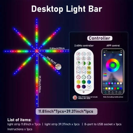 RGBIC Smart Lamp, Dreamy Fireworks Lamp, Smart Light Bar LED Color Fireworks Lamp, Phantom Fireworks Lamp, USB Powered, with Over 200 Dynamic Modes, Music Synchronization Mode, Adjustable Brightness, Adjustable Color, Equipped with Wireless 2.4Ghz Remote 