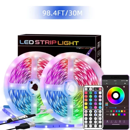 BUIESTUR 99.97cm-29.99meter LED Smart Strip Lights for Bedroom Christmas Decoration, with Smart App and 44Key Remote Control, Music, Timer Settings, for Living Room Bedside Mirror Decor, Christmas, New Year Gifts, Atmosphere Light Decor
