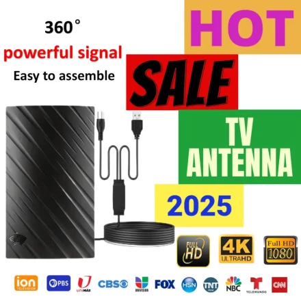 Long-Distance HDTV Antenna - 360° Signal Boost, 4K High-Definition Reception for Indoor/Outdoor Use, Compatible with Multiple TV Channels Including Fox, NBC, ABC, and More