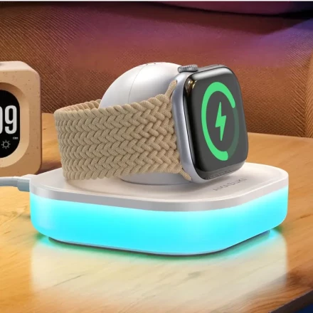 Magnetic USB Charging Dock for Apple Watch, Portable iWatch Charger Stand with Adjustable Colorful Light, Compatible with Apple Watch Series 10/9/8/7/SE/6/5/4/3/2/Ultra, White - Female to Male Connector, ≤36V Operating Voltage